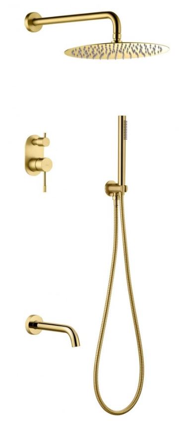 Смеситель встроенный + верхний+ ручной душ, Uno. Gold с изливом 464-2-G