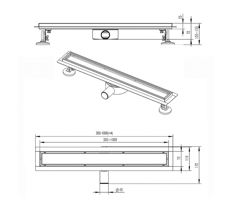 Водоотводящий металлический желоб AZARIO 360° 500 мм D40(50) под плитку